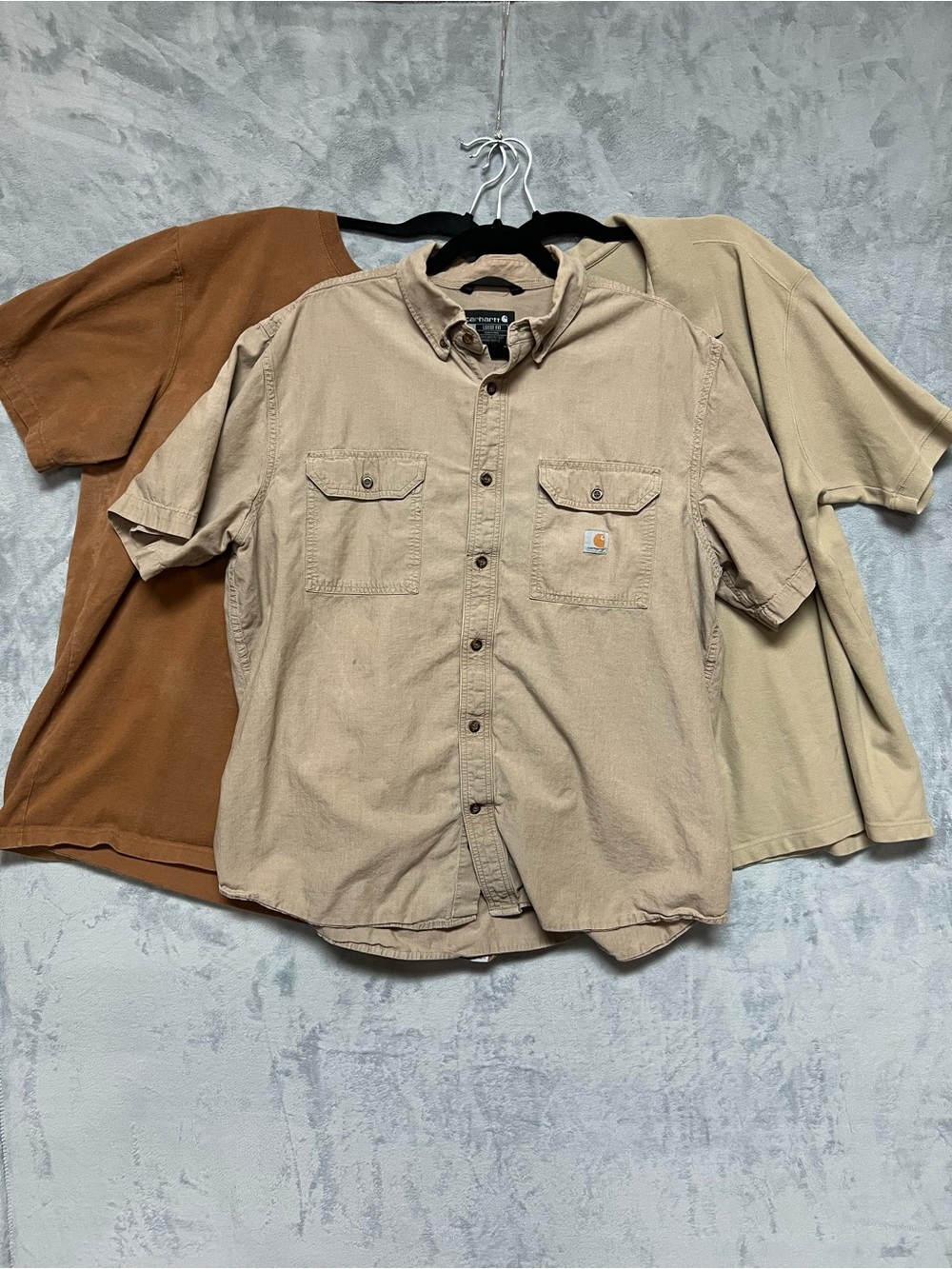 Carhartt Mens 3 Shirt Lot XL XLT Brown Tan Chambray Polo Graphic Tee Flawed